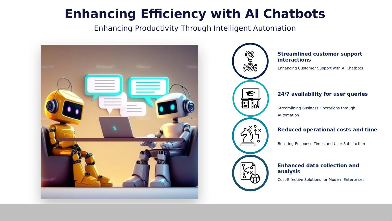 PowerPoint template for integrating AI chatbots for efficiency in automated workflow presentation design and business solutions.