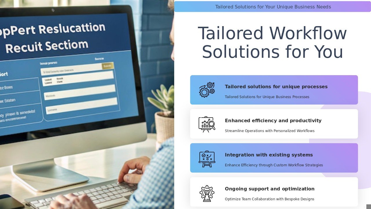 Professional PowerPoint template for Custom Workflow Design Services featuring interactive workflow design slides and tailored solutions.