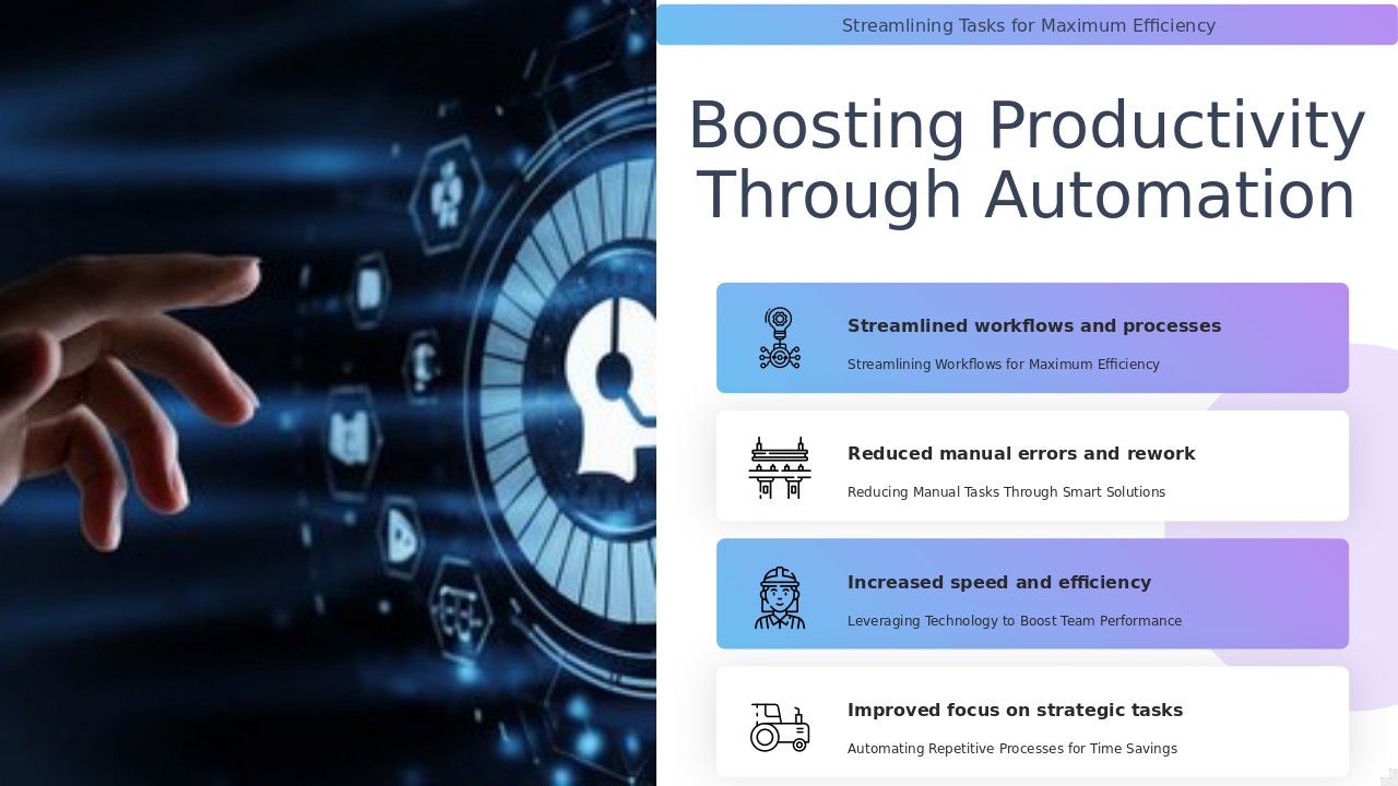 Professional PowerPoint template for Enhancing Productivity with Automation, featuring effective workflow automation presentation slides.