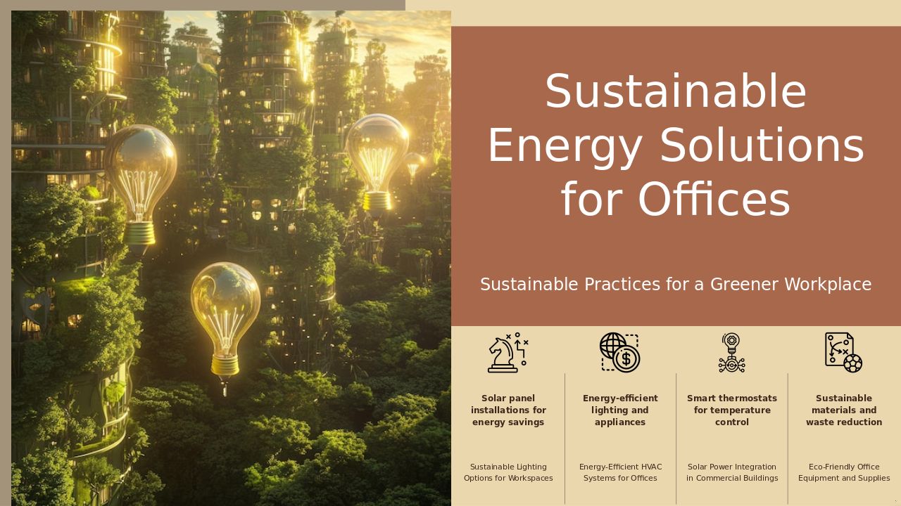 Green Energy Solutions for Offices PowerPoint template for professional presentations on sustainable office solutions and renewable energy strategies.