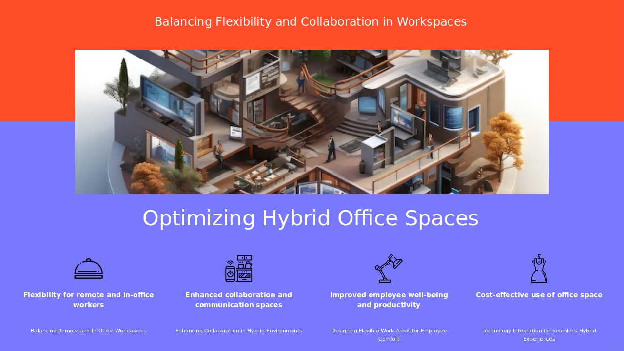 A professional presentation PowerPoint template showcasing flexible workspace designs and hybrid office layouts for effective collaboration