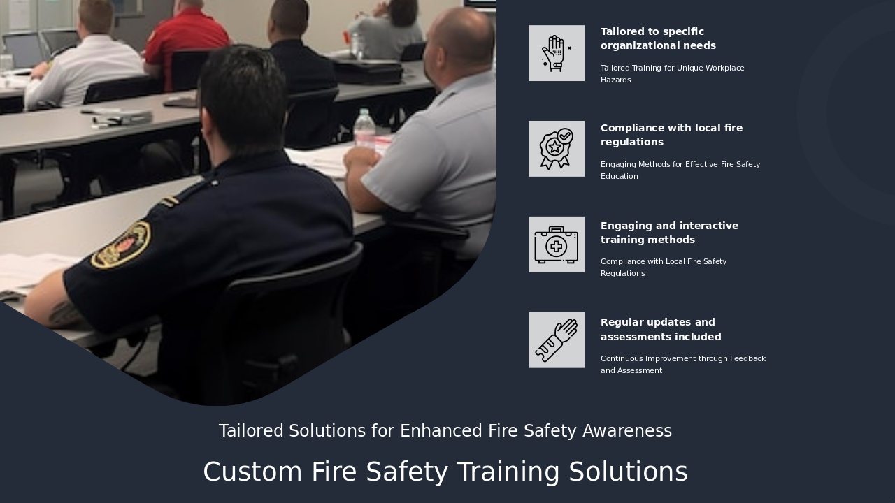 Custom Fire Safety Training Plans PowerPoint template for professional presentations with fire safety training slides and custom designs.