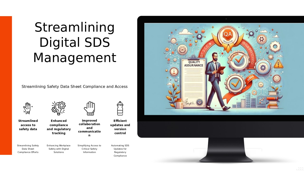 Digital SDS management tools template for professional presentations, featuring chemical safety data sheet slides and workplace safety ppt templates